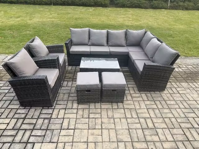 Fimous 10 Seater High Back Rattan Garden Furniture Set with Rectangular Coffee Table and 2 Footstools in Dark Grey