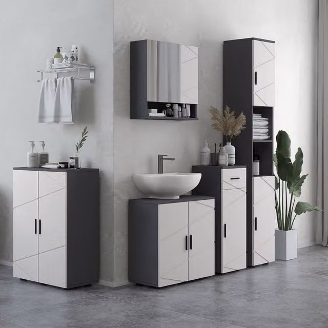 kleankin Small Grey Bathroom Storage Cabinet with Hinged Doors and Internal Shelves