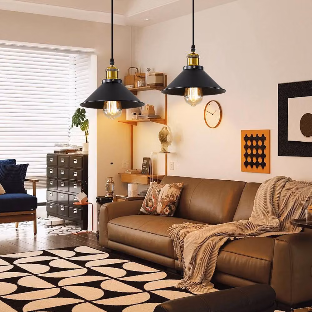 Pheashine Industrial Style Retro Metal Pendant Light in Black and Gold/Brass with E27 Socket – 3