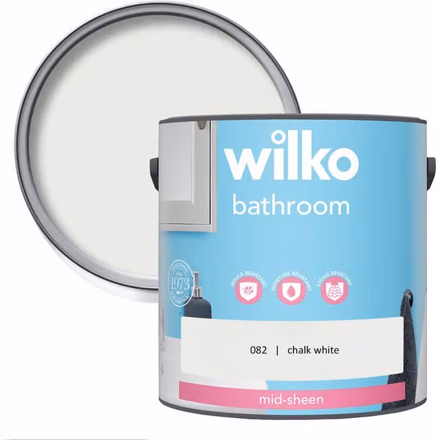 wilko Mould Resistant Mid Sheen Bathroom Emulsion Paint, White, 2.5 l