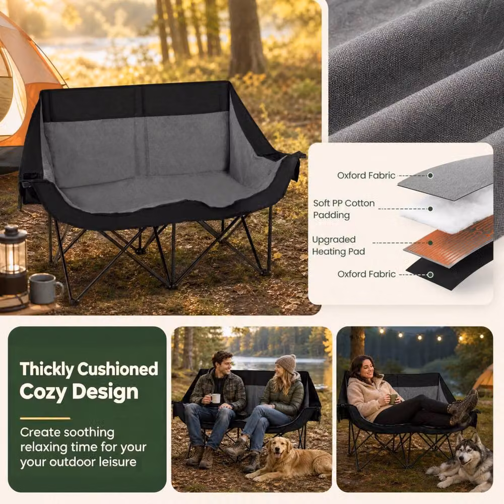 Costway Heated Double Camping Chair Oversized Padded Loveseat in Black – 10
