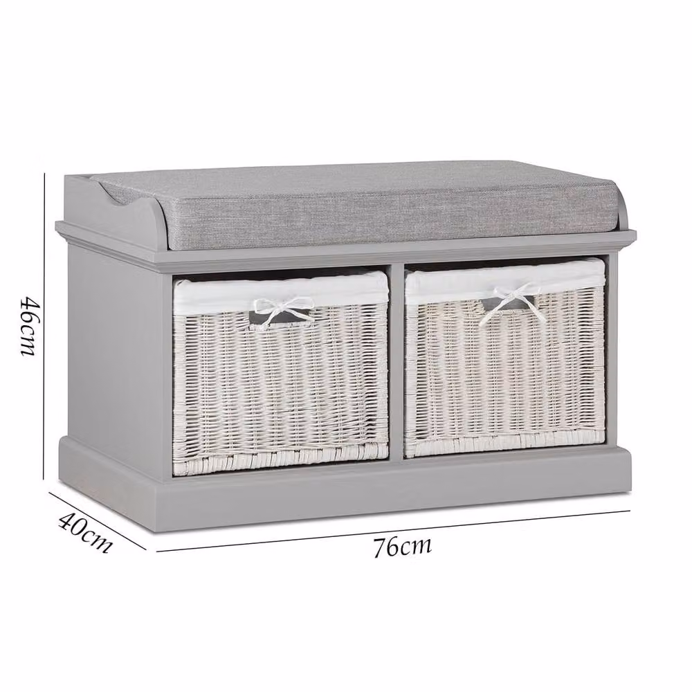Statement Furniture Tetbury Hallway Storage Bench in Grey with 2 White Wicker Baskets and Grey Fabric Cushion W/D/H: 76 x 40 x 46 cm – 2
