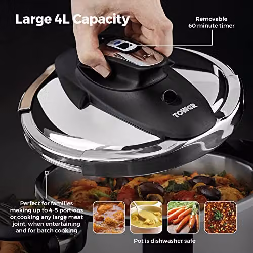 Tower T920002 Pressure Cooker with Timer in Silver Stainless Steel – 4