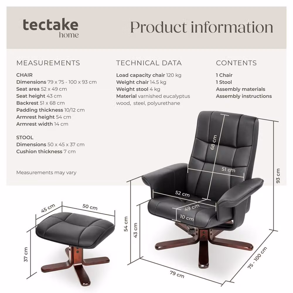 tectake Relax Recliner Armchair with Ottoman and Armrests, Black Synthetic Leather, Swivel and Adjustable Backrest – 6