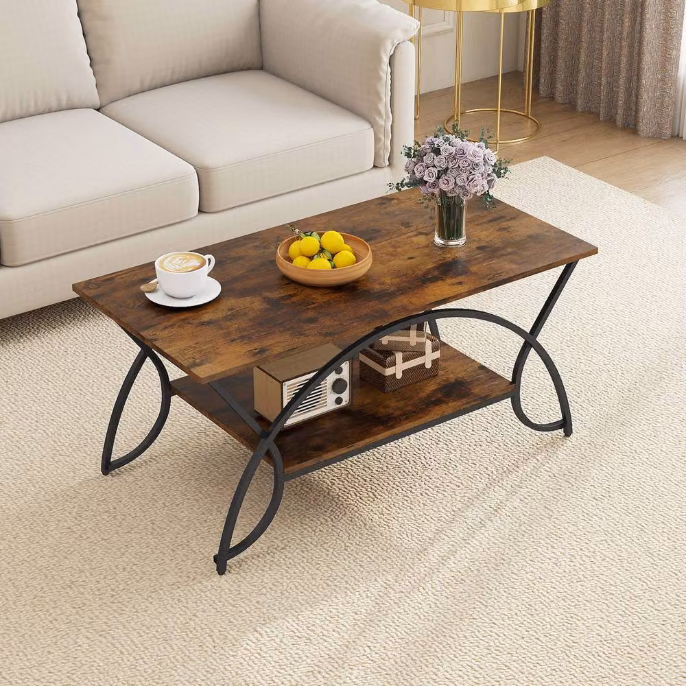Costway Modern 2-Tier Faux Marble Coffee Table with Shelf in Brown – 3