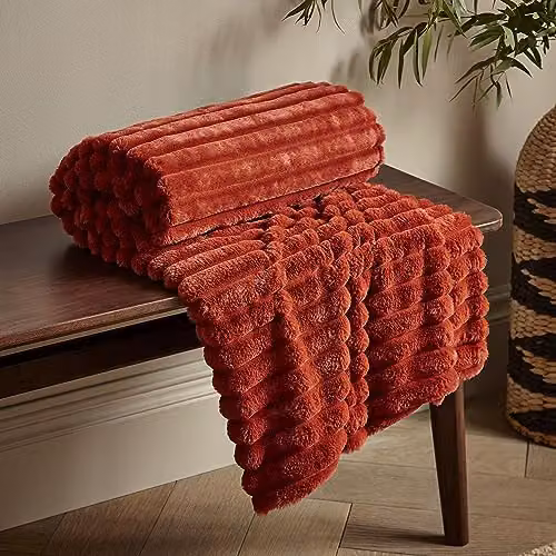 Catherine Lansfield Cosy Ribbed Faux Fur Throw Blanket, Orange, W: 130 cm, L: 170 cm