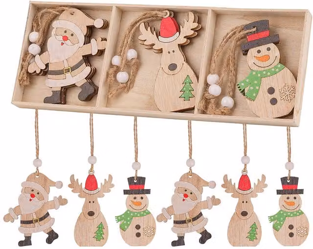 Neel Blue Pack of 9 Beige Scandinavian Wooden Christmas Tree Ornaments featuring Santa, Reindeer and Snowman Figures – 1