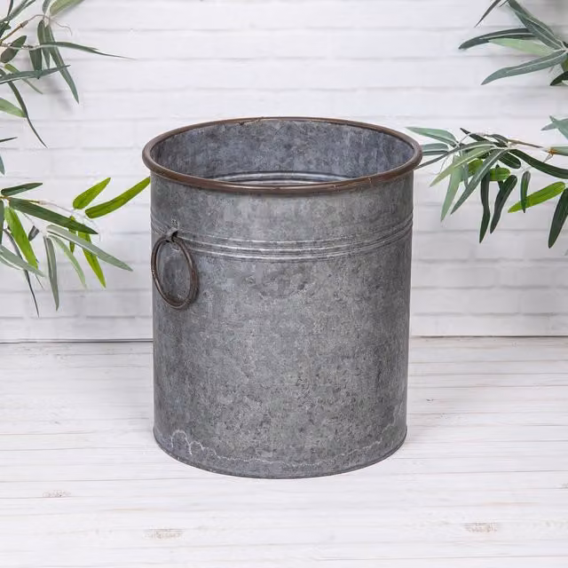 Annibells Grey Metal Galvanised Steel Round Vintage Flower Pot Planter with Handles, Diameter: 27 cm