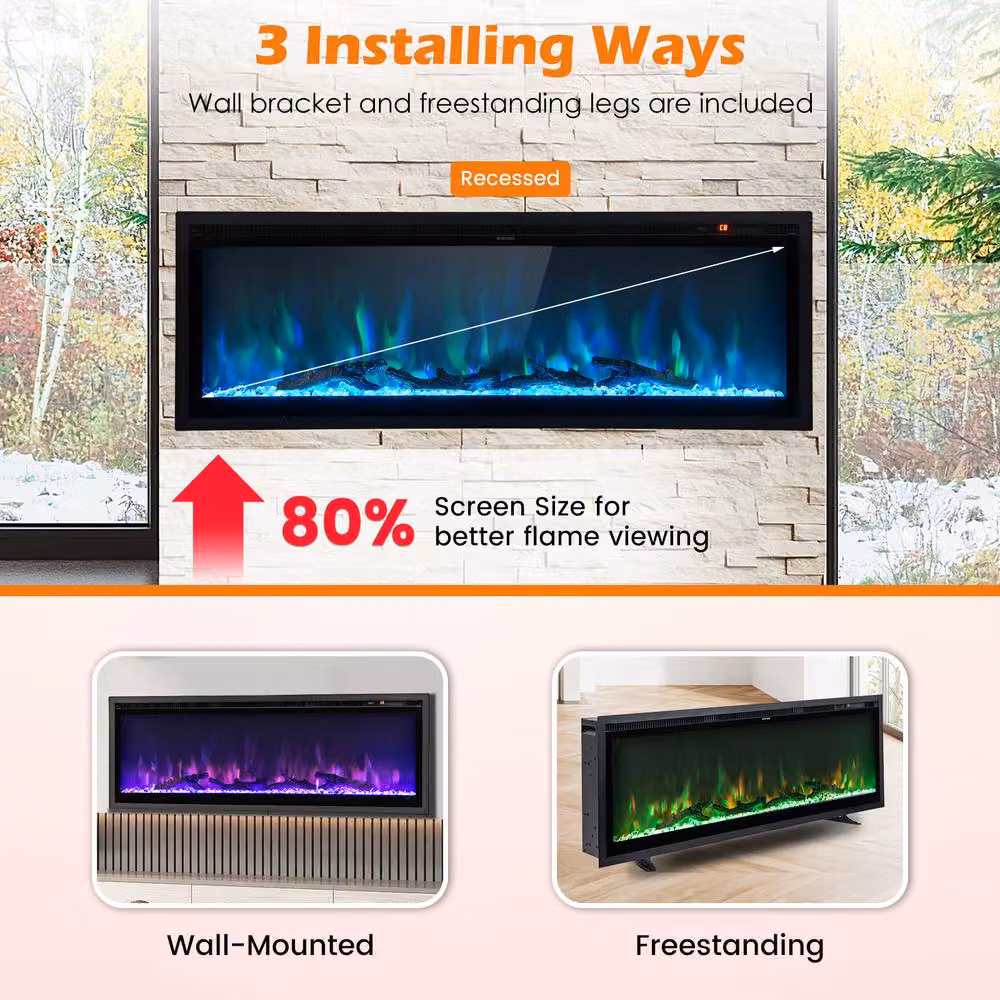 Gymax 50 Inch Electric Linear Fireplace Insert with Remote Control in Black – 6