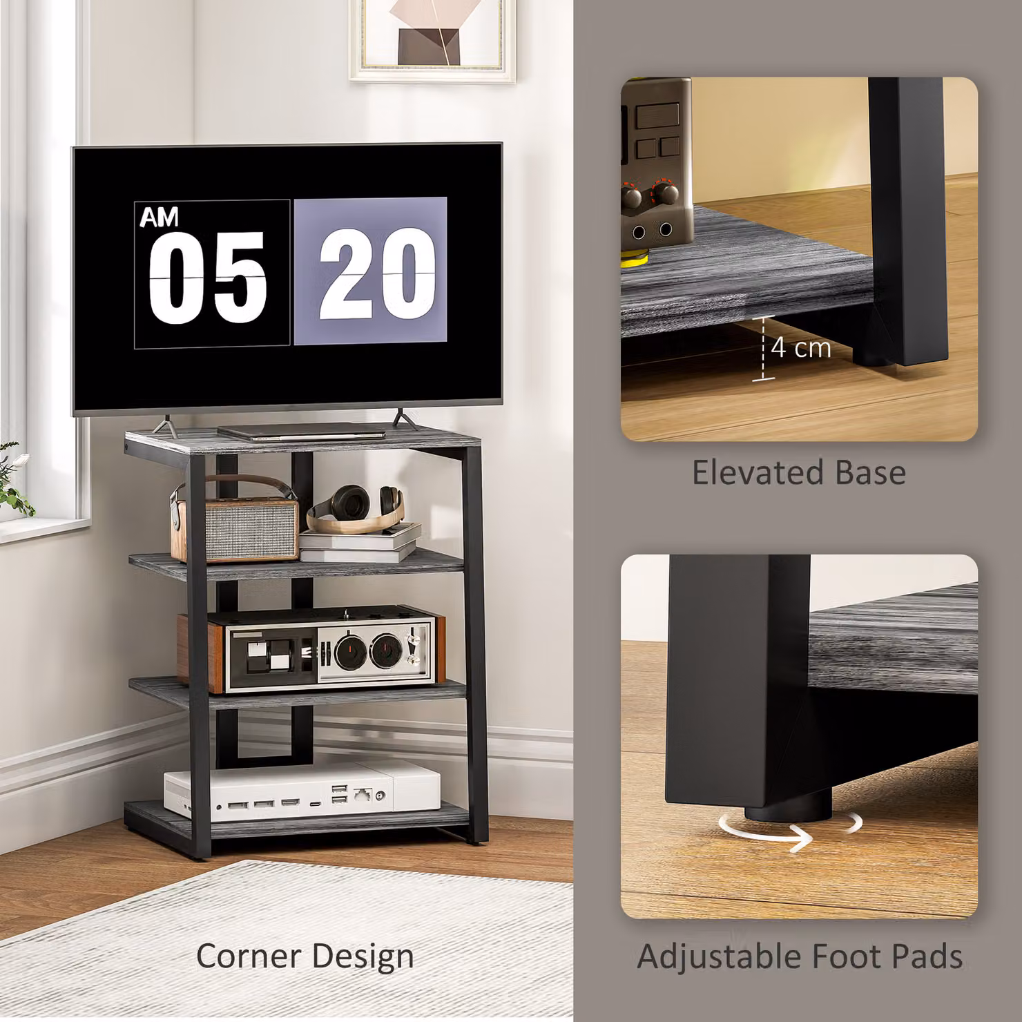 HOMCOM Modern HiFi Stand with Four Adjustable Storage Shelves in Grey – 6