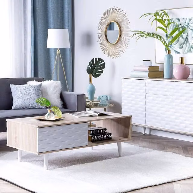 Wyld and Coco Nordic Scandinavian Coffee Table in Light Brown and White with Drawer, W/D/H: 120 x 60 x 46 cm – 1