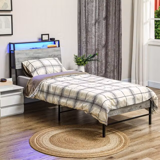 HOMCOM Single Bed Frame with LED Under-Bed Lighting and USB Charging Ports in Cement Grey, W: 140 cm, D: 200 cm