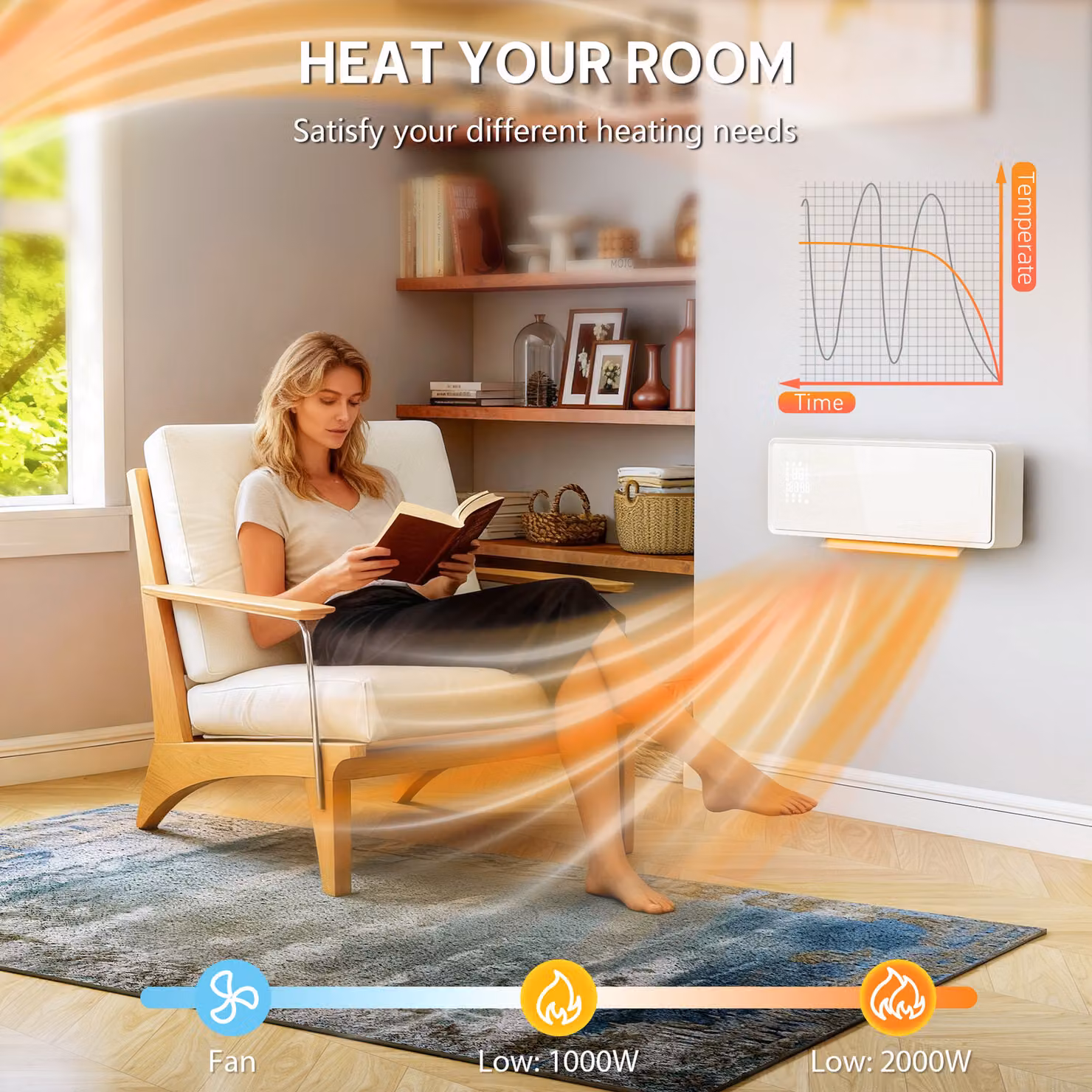 HOMCOM 2000W Ceramic Electric Fan Heater with Adjustable Thermostat, Remote Control and Timer, Wall Mounted, White – 4