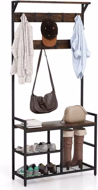 COSTWAY Industrial Hall Tree with Bench and Distributed Point Hooks in Brown Wood with Matt Finish
