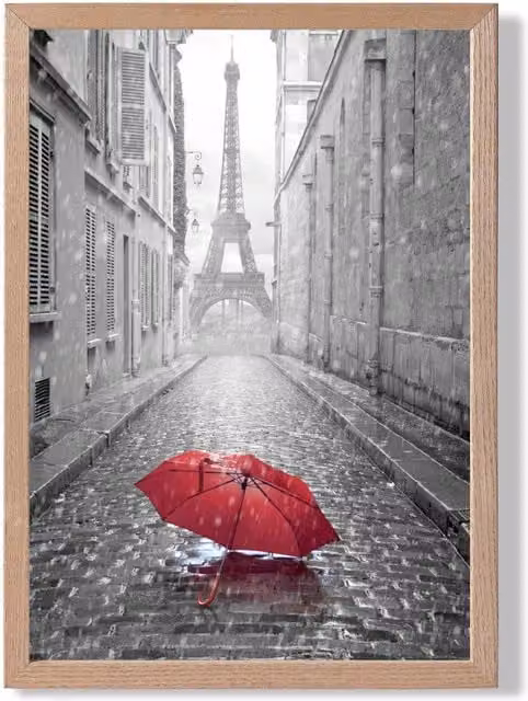 ARTZE Red Umbrella in Paris with Eiffel Tower Framed Photograph Print, Black Oak Frame, A2 – 1
