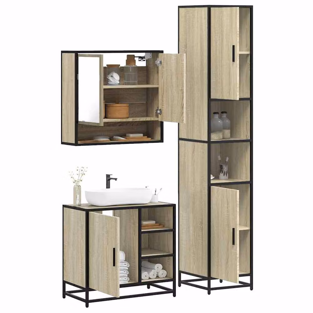 Berkfield Home 3 Piece Industrial Bathroom Furniture Set in Tan with Mirror Cabinet, Vanity Unit and Tall Cabinet – 2