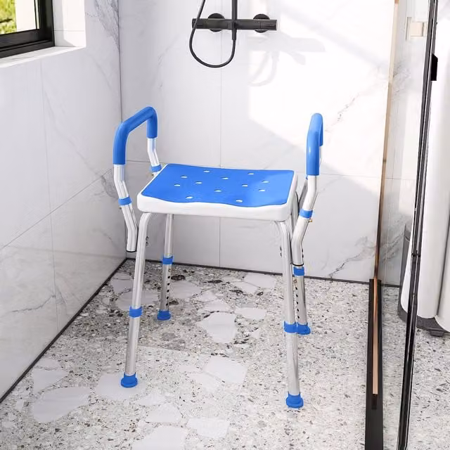 HOMCOM Non-Slip Blue Shower Stool with Adjustable Height and Drainage Seat for Seniors