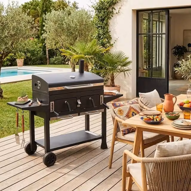 sweeek Charcoal Barbecue Grill in Black with Warming Rack and Thermometer, Enamelled Steel