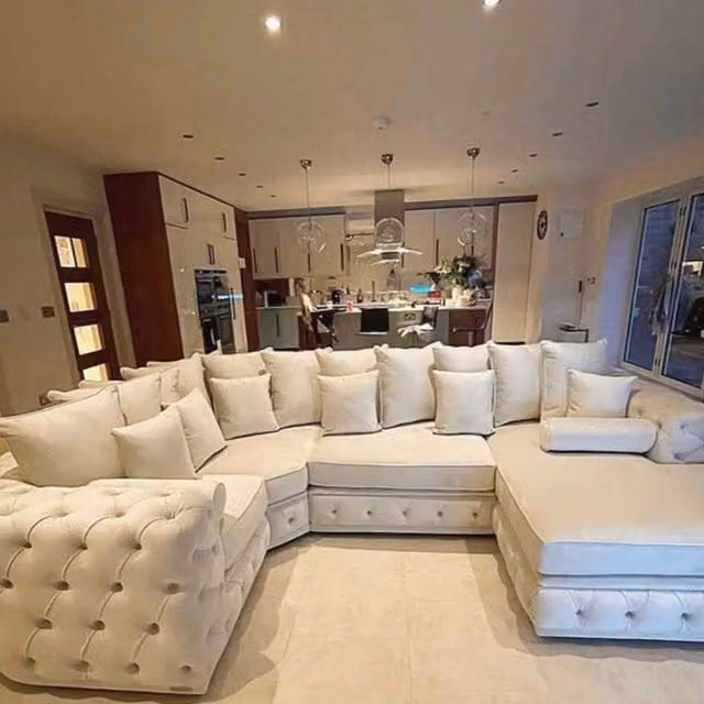 HOB Furniture Royal Surrey U-Shape Chaise Sofa in Beige Velvet with Matching Ottoman and Scatter Cushions
