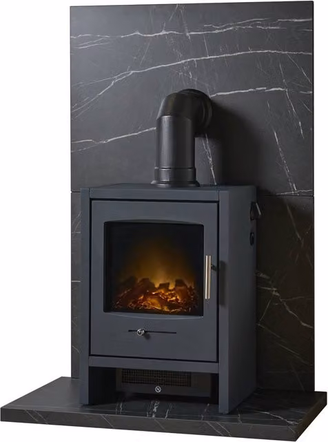 Acantha Fires & Fireplaces Bergen Electric Stove and Angled Pipe with Black Marble Effect Tile and Hearth Set