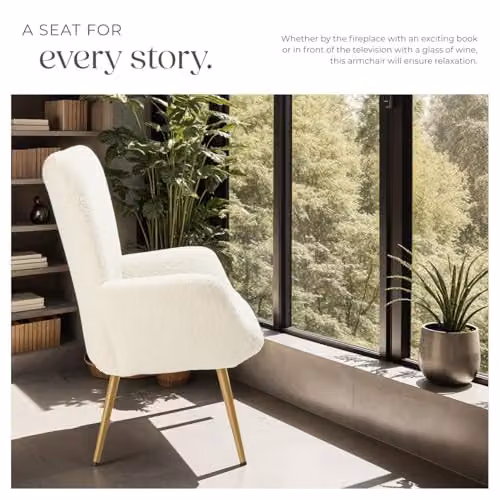 tectake Hygge Bouclé Armchair in Cream and Gold with Metal Legs – 3