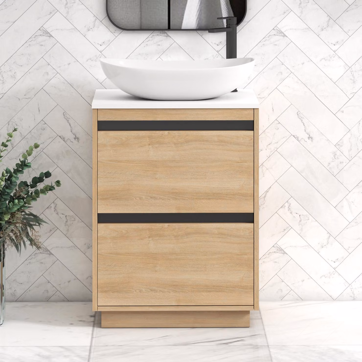 Royal Bathrooms Orion 600mm Natural Oak Floor Standing 2 Drawer Vanity Unit with Cesar Basin and Black Accent Trim in Plain White