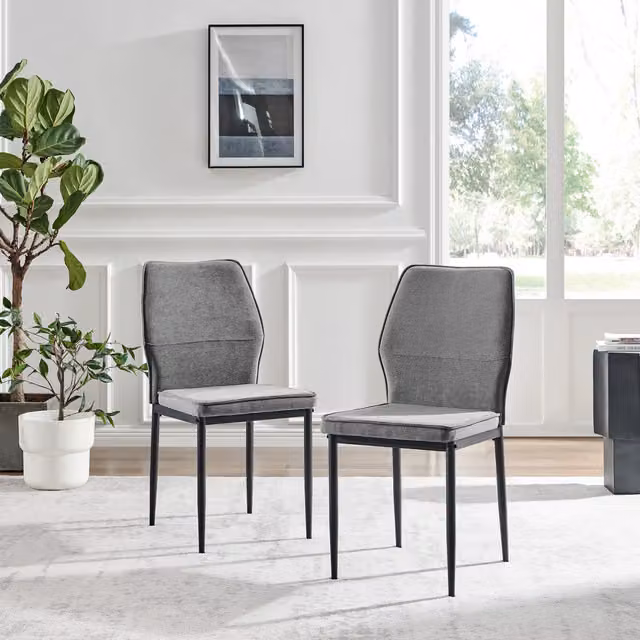 FurnitureboxUK Set of 2 Riya Upholstered Fabric Kitchen Dining Chairs with Black Metal Legs - Grey