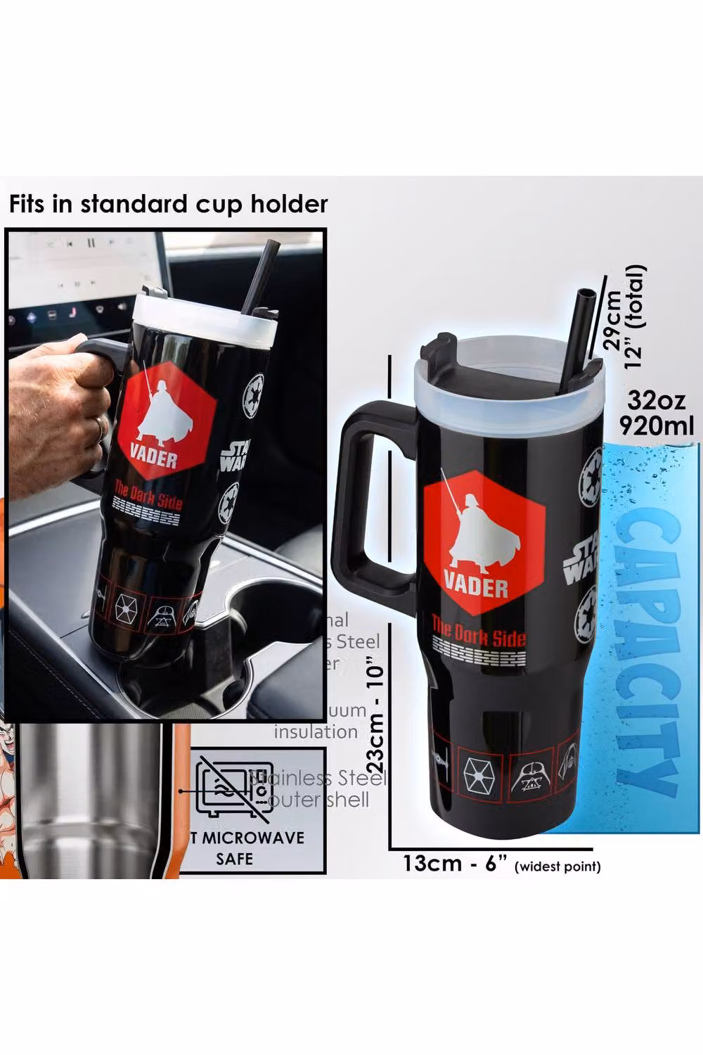 Get Trend Star Wars Insulated Stainless Steel Tumbler with Straw and Handle, 920ml, Black/Multicolour – 9