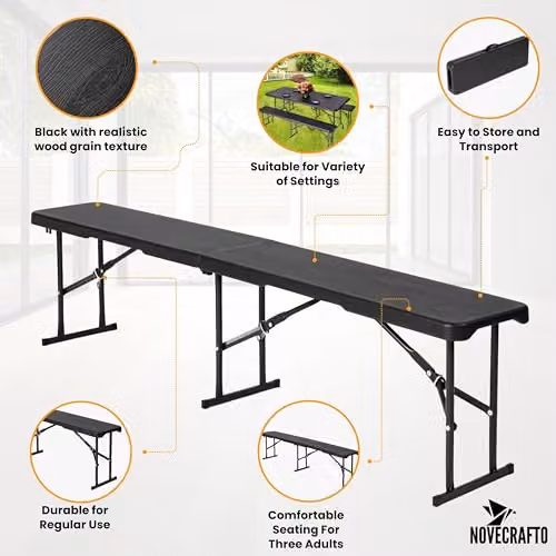 Novecrafto Portable Folding Bench Seat in Black, W/D/H: 182.88 x 28.0 x 43.0 cm – 9