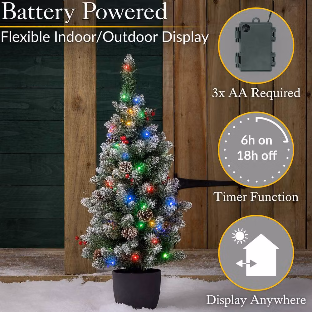 Christow 3ft Pre-Lit Rustic Pine Cone and Berry Christmas Tree with LED Lights and Battery Timer in Green – 3