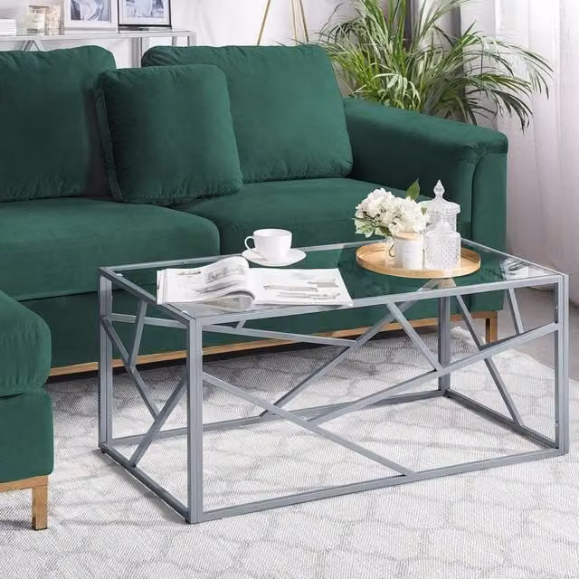 Wyld and Coco Geometric Glass Coffee Table with Silver Frame, W: 100 cm, D: 50 cm