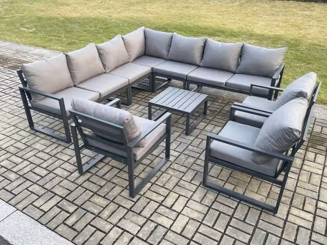 Fimous 4 Piece L-Shape Outdoor Garden Furniture Set with Corner Sofa, Armchairs and Coffee Table in Dark Grey Powder Coated Aluminium