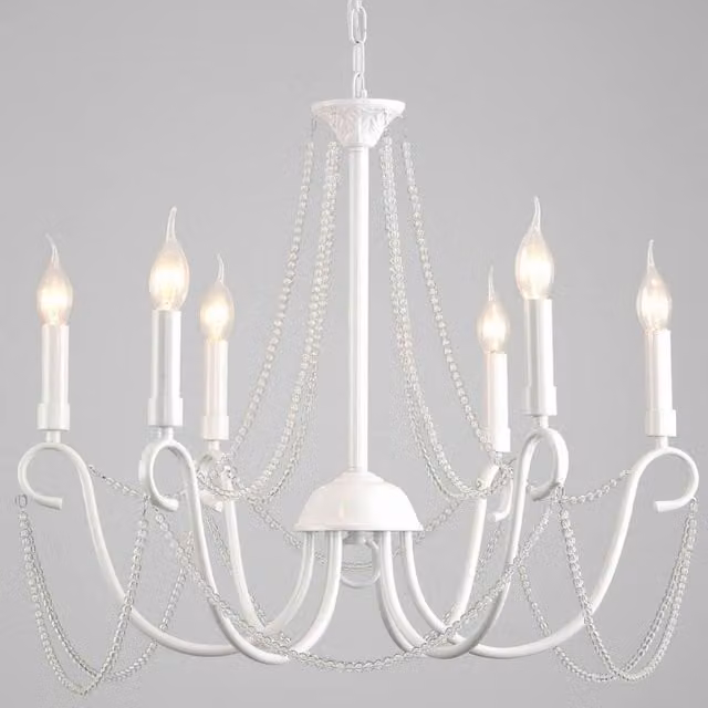 NIVOR 6-Light Retro French Country Crystal Candle Chandelier in White – 1