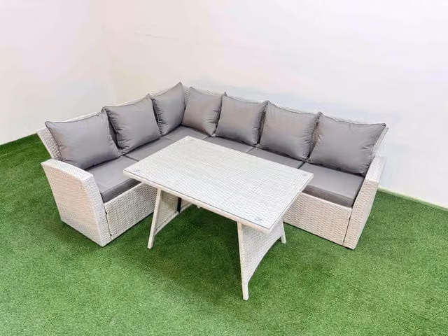 Fimous 6 Seater Modern Outdoor Rattan Furniture Set in Light Grey with Glass Table