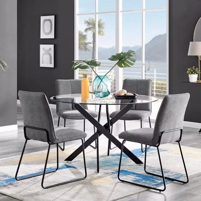 FurnitureboxUK Novara Round Glass Dining Table with 4 Halle Chairs in Black and Dark Grey