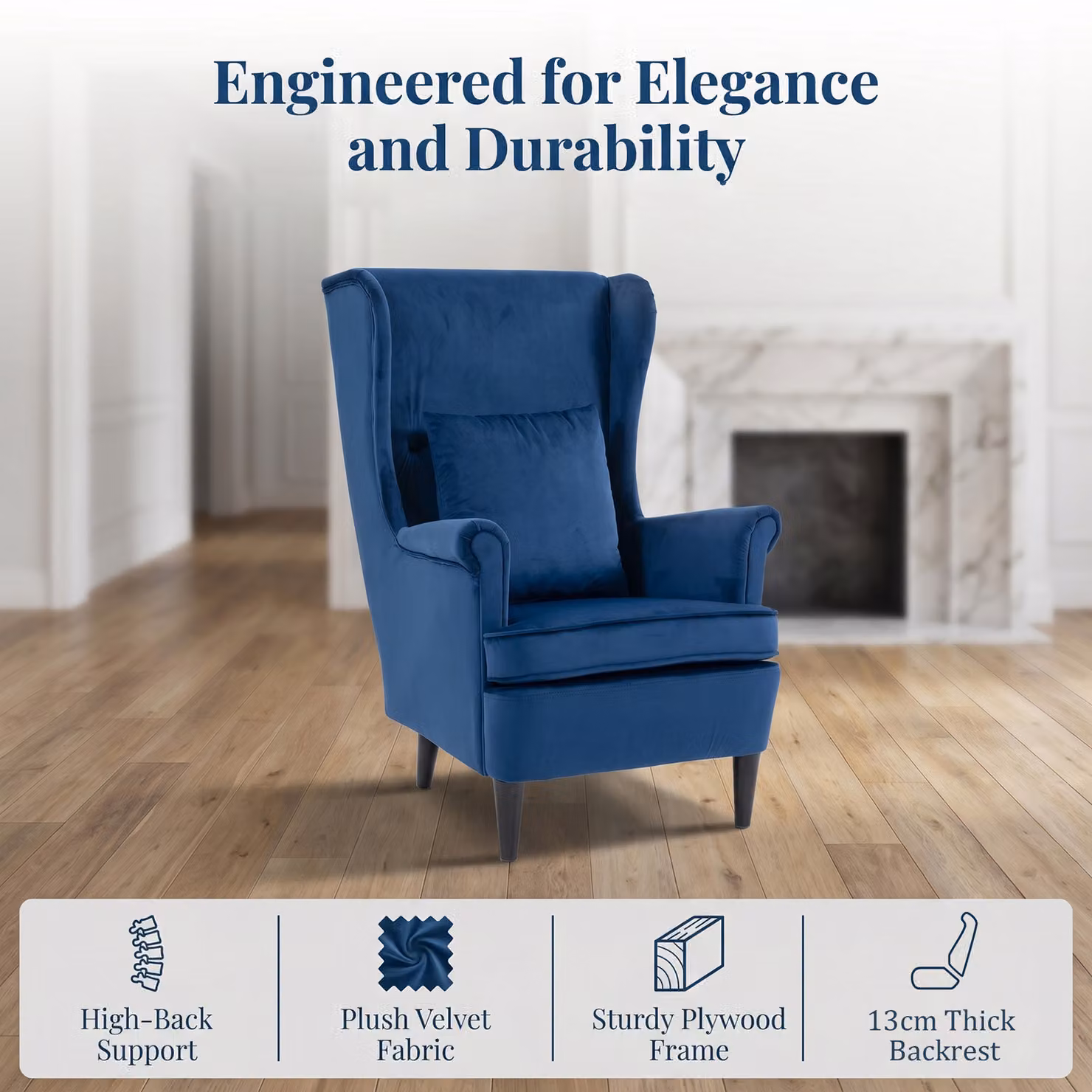 HOMCOM Modern Blue Velvet Accent Chair with High Backrest and Armrests – 3