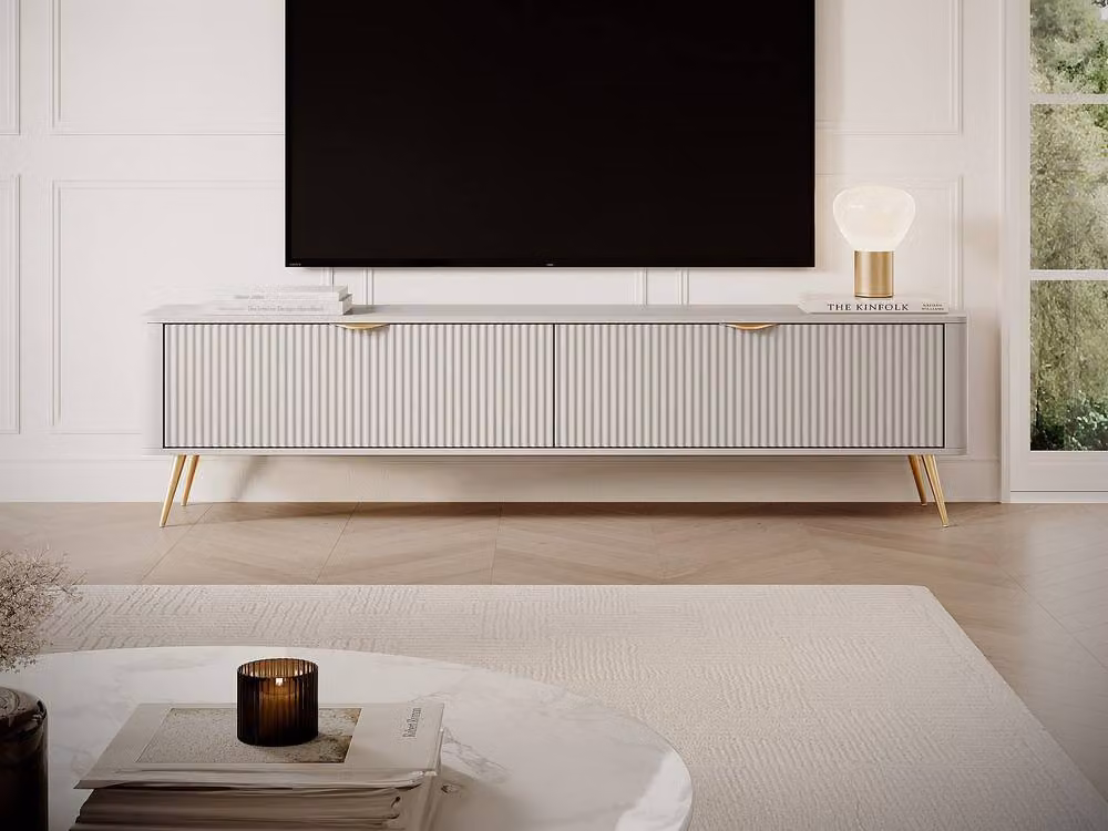 Vente-unique ELONARIA Modern TV Unit with 2 MDF Doors in Beige and Gold – 3