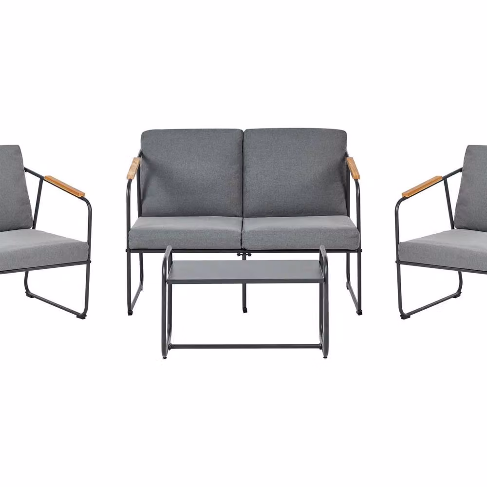 Wyld and Coco 4-Seater Outdoor Sofa Set with Grey Upholstered Cushions and Teak Accents – 2