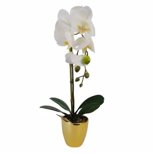 Leaf Design UK Realistic Potted Artificial Orchid Flower Display, Height: 46 cm, White, Gold and Silver – 1
