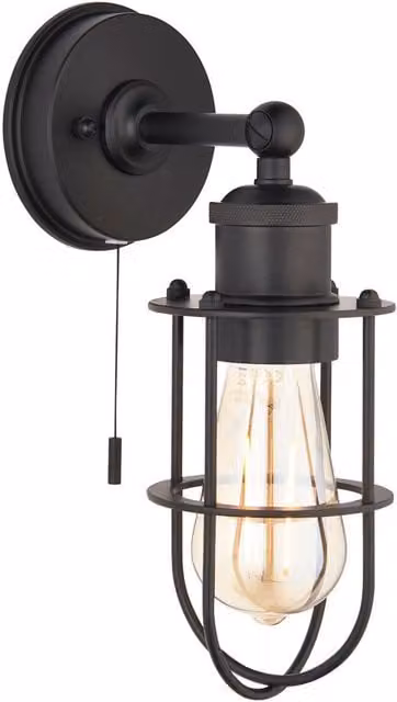 Loops Industrial Black Metal Caged Bathroom Wall Light with IP44 Rating