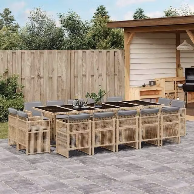 Berkfield Home 15 Piece Garden Dining Set with Beige Cushions and Poly Rattan