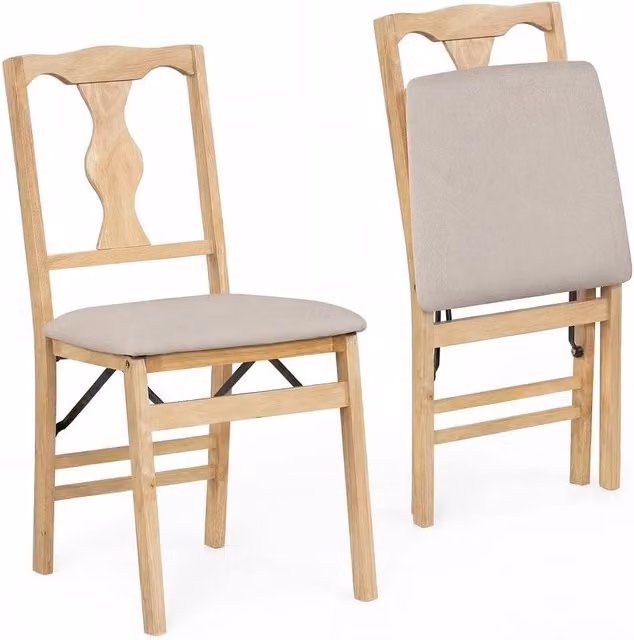 Kelvenix Set of 2 Folding Dining Chairs in Beige Fabric and Rubberwood – 1