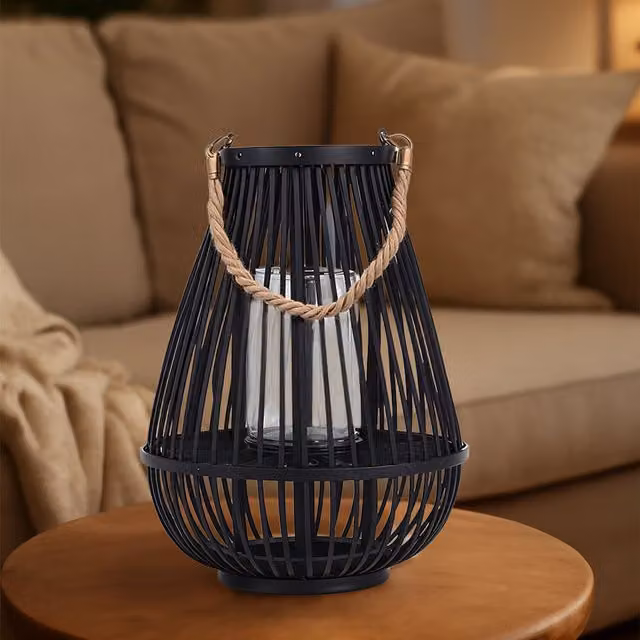 Premier Housewares Small Black Bamboo Moroccan Camping Lantern with Glass Candle Holder and Natural Rope Handle, H 38 x W 28 x D 28 cm – 6