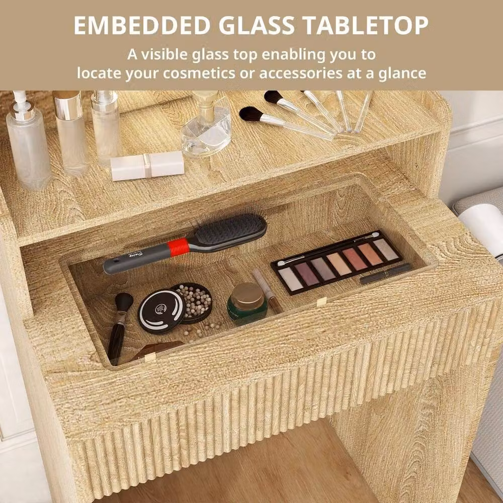 FLAVORA Modern Wood Dressing Table Set with Hollywood LED Mirror in Brown and Gold – 3