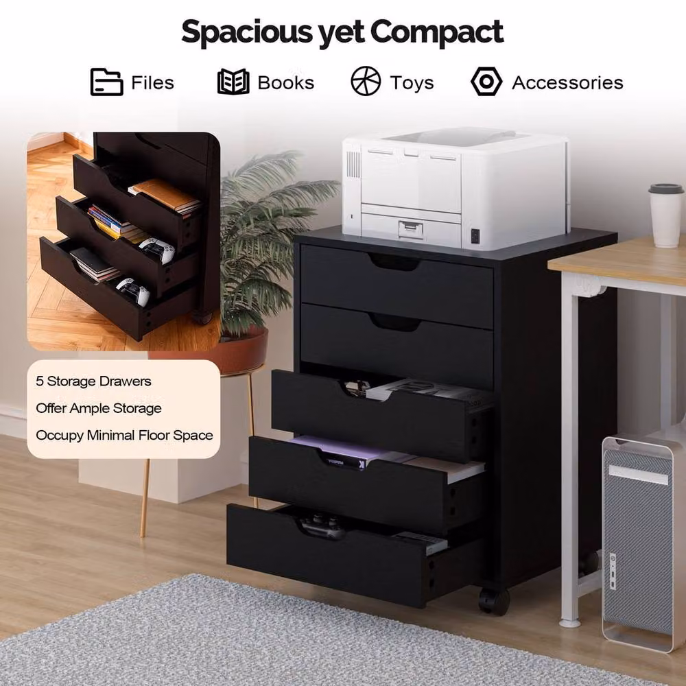 KORVIXA Black Wooden 5 Drawer File Cabinet Organiser W/D/H: 100 x 100 x 65 cm – 3