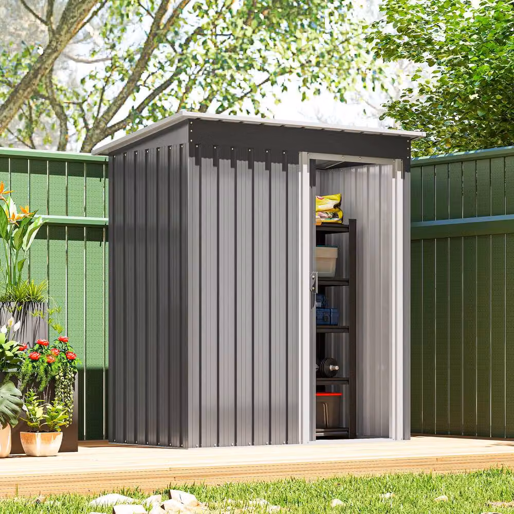 Rolipo Metal Garden Storage Shed with Sliding Door and Sloped Roof, Light Grey, W: 150 cm, D: 91.44 cm, H: 150 cm – 3