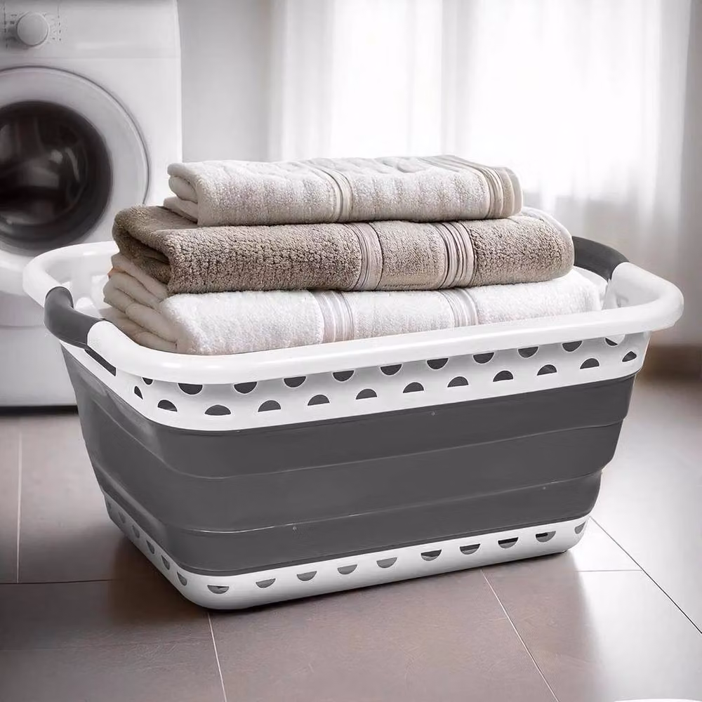 FORGEVIO Grey Collapsible Plastic Laundry Basket with 2 Handles – 3