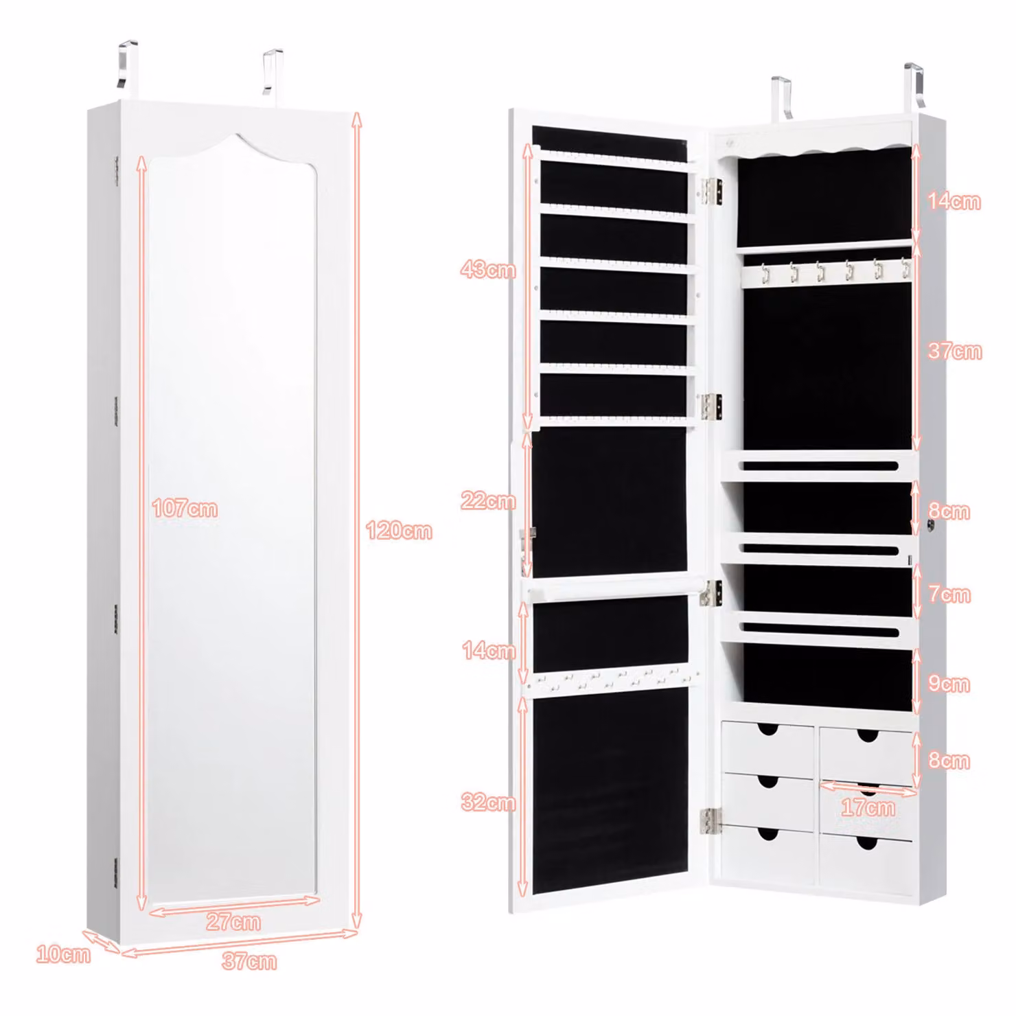 Costway White Jewelry Armoire with Mirror and Integrated LED Lighting, Wall or Door Mounted – 2