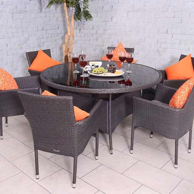 Royalcraft Malaga 7 Piece Round Dining Set in Grey with Rattan and Glass Details