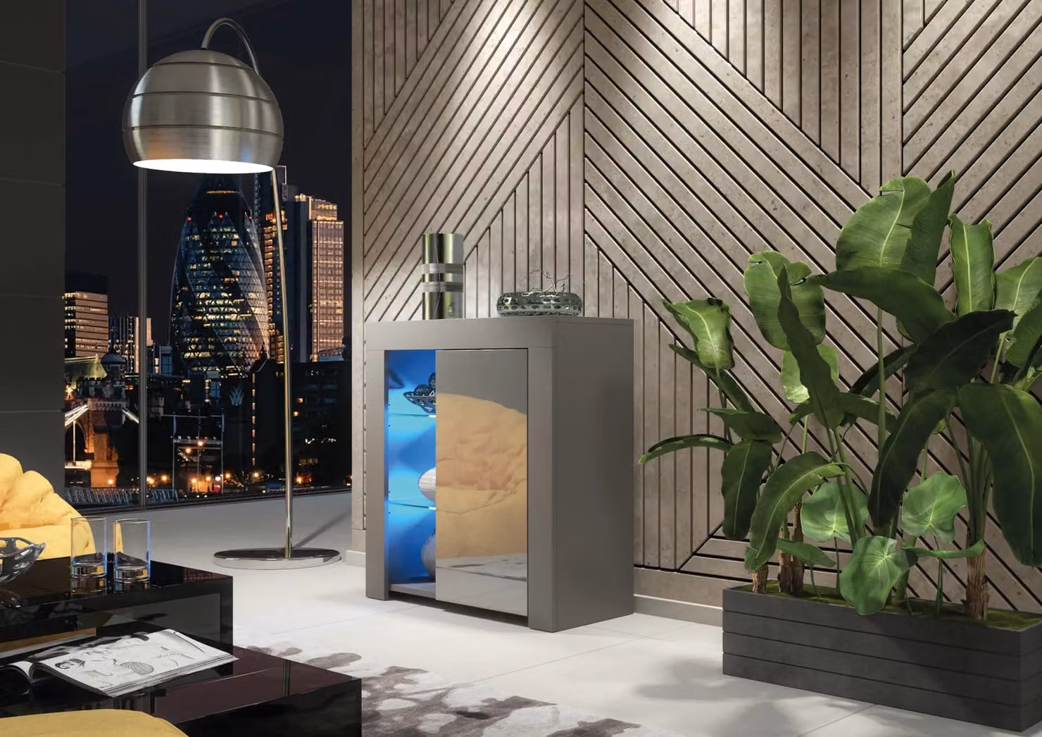 Mex Furniture LTD Modern Glossy Sideboard with Integrated LED Lighting in Dark Grey, W/D/H: 83 x 35 x 75 cm – 3